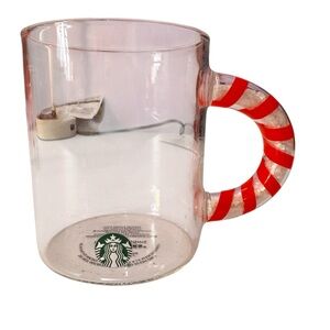 Starbucks Clear Glass Mug with Candy Cane‎ Snow in Handle 12oz Christmas